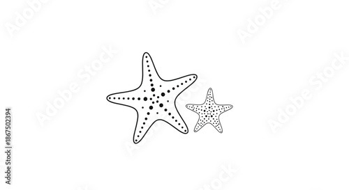 Two minimalist starfishes with decorative spots drawn in simple black outlines for nautical and marine life themes.