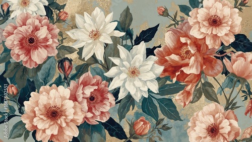 A floral pattern featuring pink and white flowers with green leaves.
