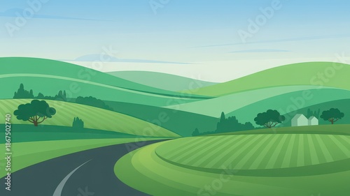A modern flat vector illustration of a serene rural landscape with a winding road, green hills, and fields under a blue sky