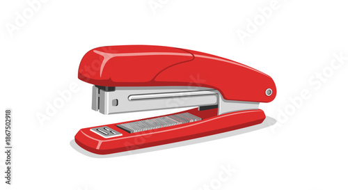 Bright red office stapler with silver metal components displayed in a closed position for stationary and office supply themes.