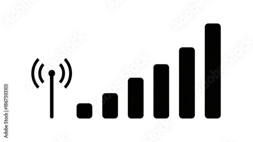 A black graphic depicting a signal strength indicator with rising bars representing growth or increasing