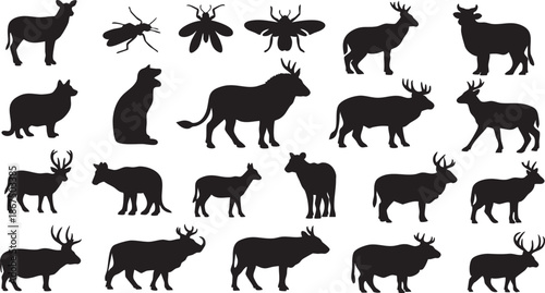Black silhouettes of various animals including deer, goats, and insects on white background