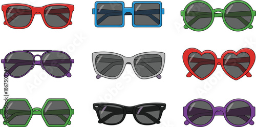 Fashion sunglasses collection vector illustration with different shapes and colorful frames isolated on white background for eyewear design