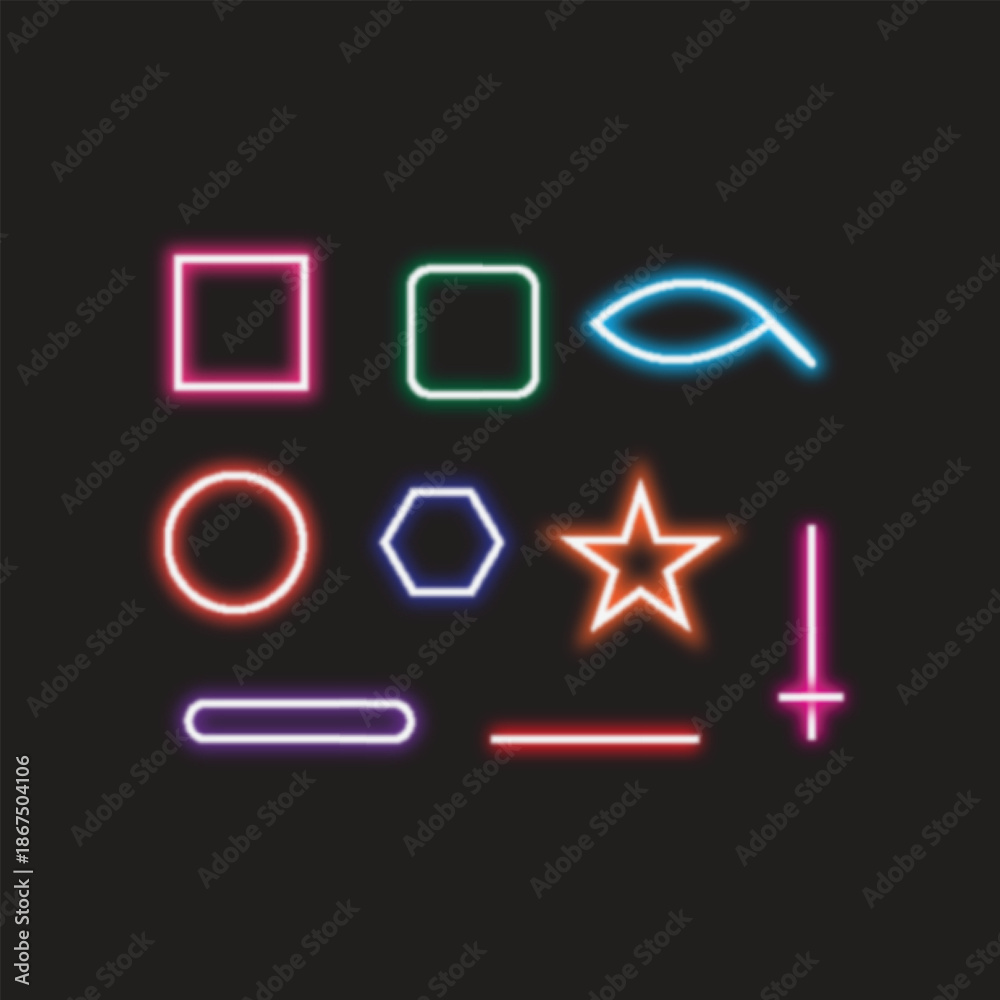 Obraz premium Vibrant Neon Glowing Geometric Shapes Set on Dark Background - Collection of Retro Futuristic Icons including Star, Circle, Square, and Symbols