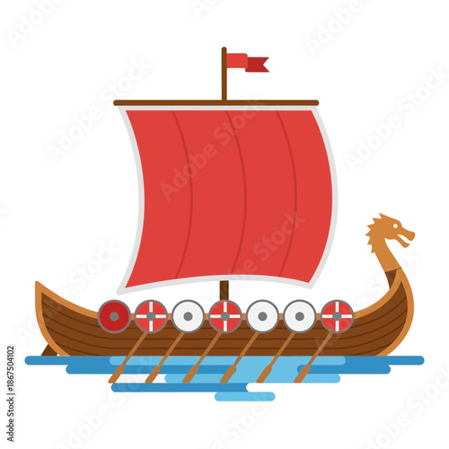 Viking longship with red sail and shields on water.