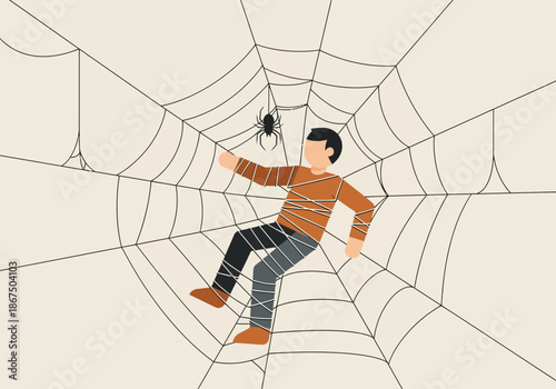Person caught in a large spider web with a spider above.