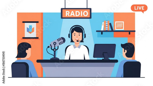 Radio host broadcasting live on air with two guests in studio with live broadcast