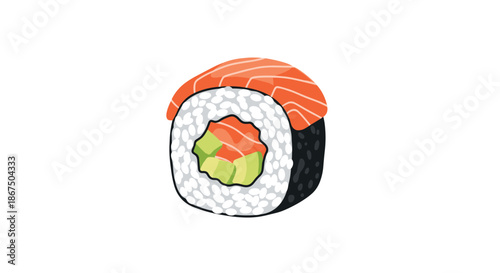 Individual piece of sushi roll or uramaki filled with avocado and salmon with a bright slice of fish on top as a garnish.
