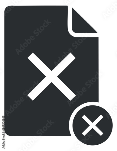 A document with a cross symbol representing deletion or cancellation in minimalist black and white vector style, suitable for office and digital applications