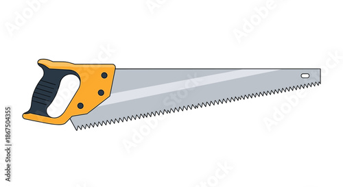 Manual hand saw with an ergonomic yellow and black handle and a sharp metal blade for construction and woodworking tasks.