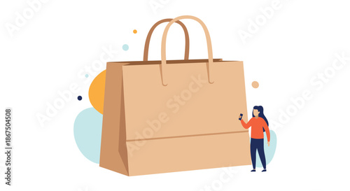 Oversized brown paper shopping bag with a miniature human figure illustrating retail scale, consumerism, and shopping trends.