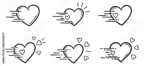A collection of six heart icons in minimal outline vector style, depicting motion and speed, ideal for romantic themes and designs