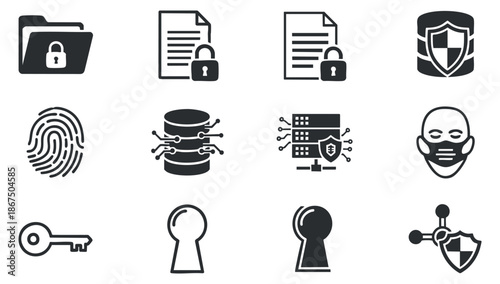 A collection of security and privacy icons including locks, keys, fingerprint, shield, and database in flat black and white vector style, suitable for technology and cybersecurity projects