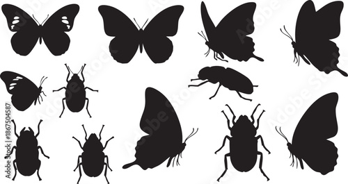 Black silhouettes of various insects and butterflies on white background 1