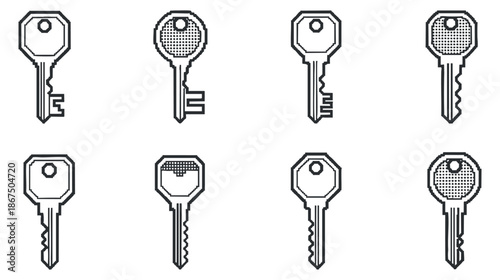 A set of various key designs in black and white outline vector style, suitable for security and home design projects