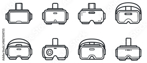 A set of virtual reality headsets in clean outline vector style, suitable for technology and gaming projects