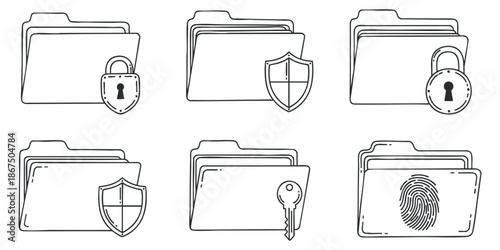 A collection of secure folder icons featuring locks, keys, shields, and fingerprints in a clean outline vector style, ideal for data protection and security applications