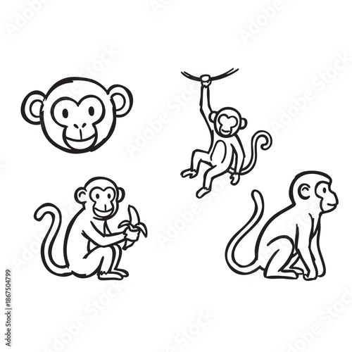 Hand Drawn Monkeys and Kid Playing Sketch icons