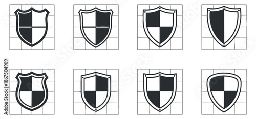 A collection of eight shield icons in black and white outline vector style, suitable for security and branding projects