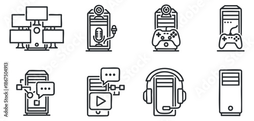 A collection of computer and gaming icons in clean outline vector style, ideal for technology and multimedia design