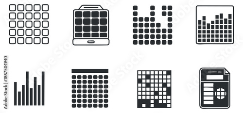 A collection of grid and chart icons in black and white minimalist vector style, suitable for data analytics and software design