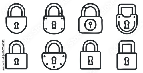 A collection of nine lock icons in outline style, suitable for security and protection-themed projects