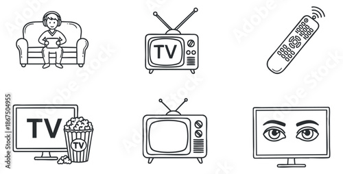 A collection of entertainment icons including a person on a couch, a TV, a remote control, and popcorn in a minimalist line art vector style, perfect for media and leisure design projects