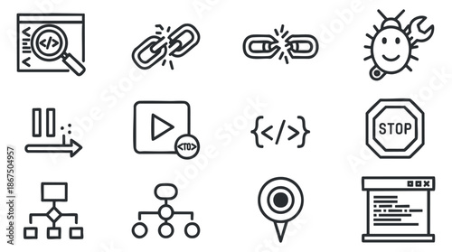 A collection of web development and technology icons in minimalist black and white vector style, suitable for digital projects and UI design