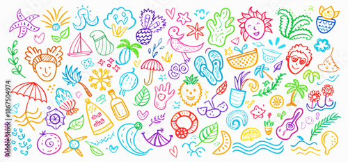 Summer Vacation Doodles in Bright Pastel Colors on White Background for Graphic Design