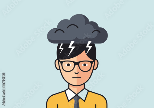 Man with storm cloud and lightning over head, wearing glasses.