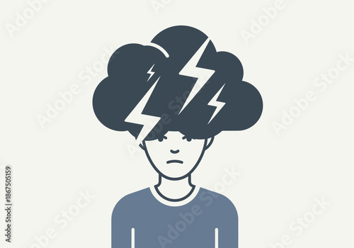 Person with stormy thoughts and lightning bolts in head.