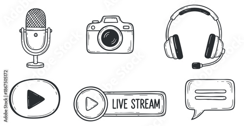 A collection of media and communication icons including a microphone, camera, headphones, and live stream button in a minimalist outline vector style, ideal for digital media projects