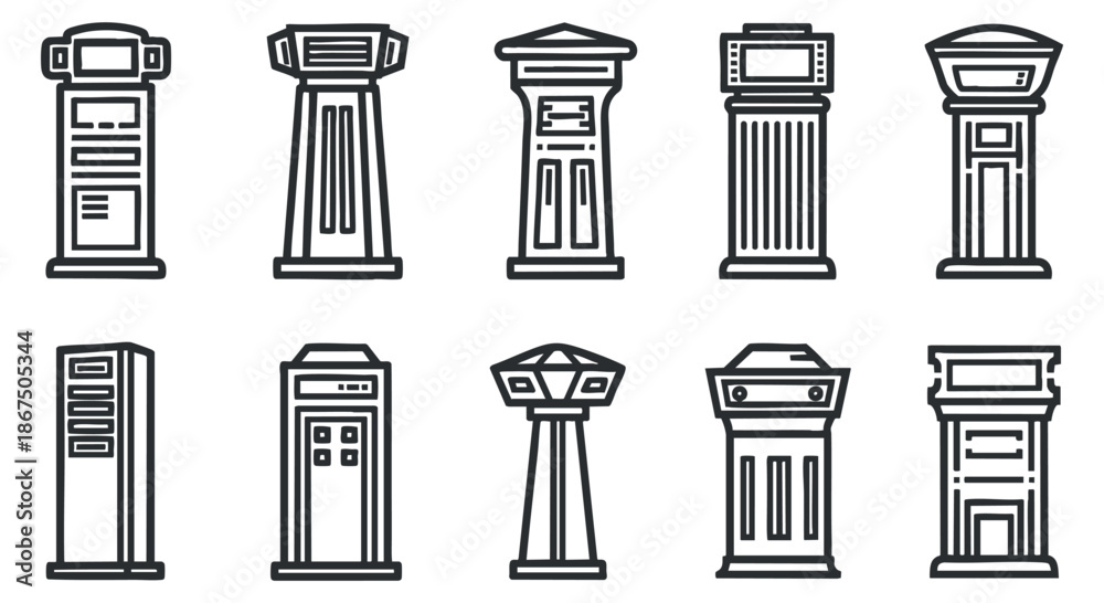 Fototapeta premium A collection of outline style mailbox and information post icons in black and white vector design, suitable for urban signage and communication projects