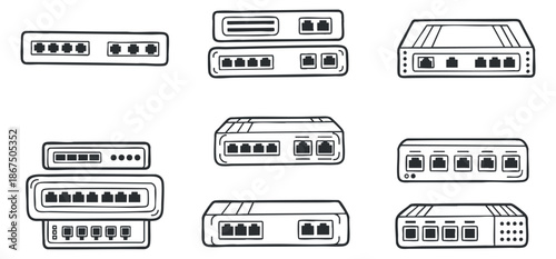 A collection of various network switches and routers in black outline vector style, suitable for technology and IT design projects