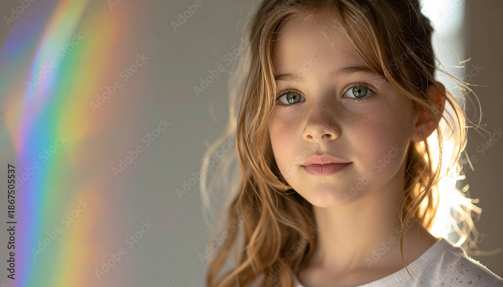 Fototapeta premium Radiant Child in a Symphony of Light: A young girl, bathed in a spectrum of color, emanates a sense of wonder and purity, her eyes reflecting the vibrant dance of light and shadow.