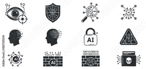 A collection of AI and cybersecurity icons featuring heads, locks, shields, and digital symbols in black and white vector style, ideal for tech presentations and branding