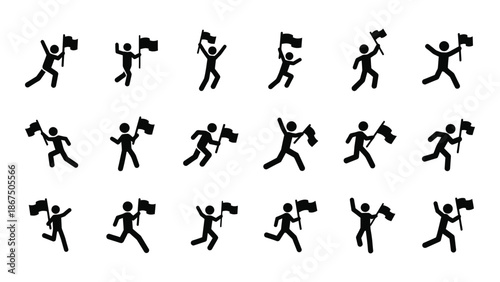 Silhouettes of people running and waving flags in a repeating pattern