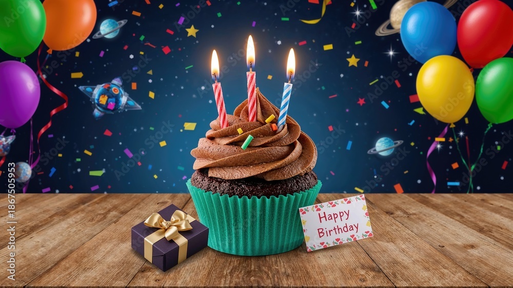 Fototapeta premium Colorful balloons and confetti with a cupcake, gifts, and a Happy Birthday card celebrating birthday festivities.