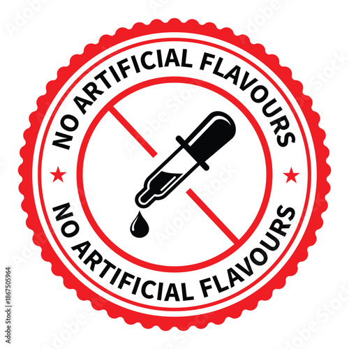 Green "No Artificial Flavours" stamp icon with a crossed-out dropper and droplet. Circular vintage badge design for organic food packaging, healthy products, and natural ingredient labeling.