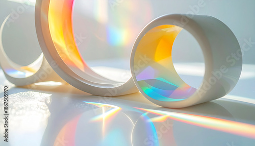 Geometric Forms in Light: An abstract composition, highlighting the interplay of light and form. The delicate curves and circles catch a spectrum of color.