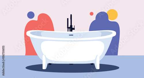 Modern white clawfoot bathtub with a black faucet set against a contemporary background of abstract colorful shapes.