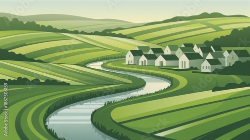 Serene countryside landscape with river, houses, and lush green fields in a vector illustration