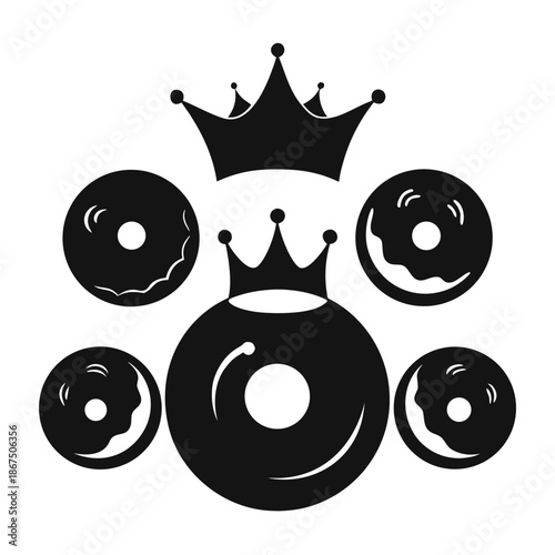 Donuts with crowns in a regal black and white graphic for bakery branding