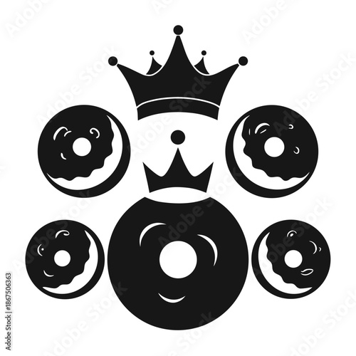 Donuts with crowns in a regal black and white graphic illustration for food branding.
