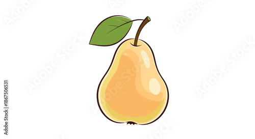 Single ripe yellow pear with a green leaf and a brown stem shown in a vertical position on a clean white backdrop.