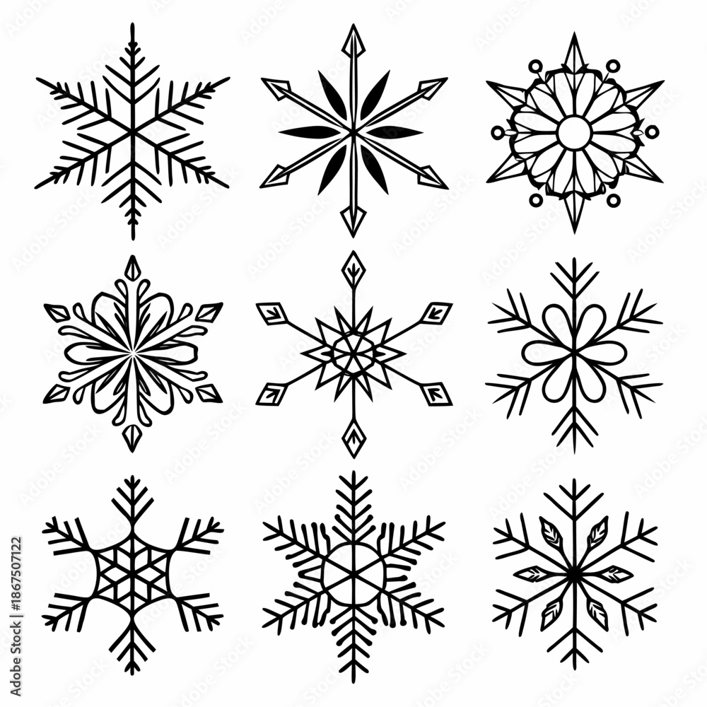 Obraz premium Snowflake Collection Hand Drawn Black and White Vector Illustration for Winter Design