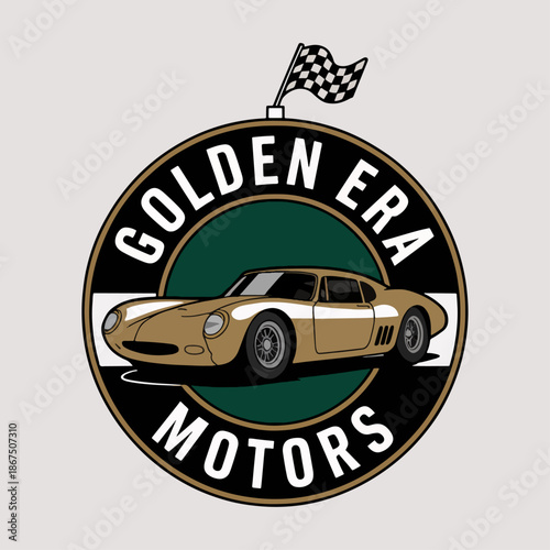 Golden Era Motors round badge with classic coupe and waving flag, elegant heritage automobile emblem; retro touring car vector for clubs, events and posters