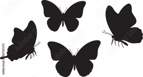 Four black butterfly silhouettes with whiskers on white background