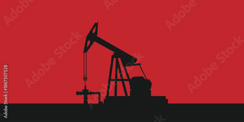 Oil rig pumpjack background. Petroleum industry. Simple flat silhouette banner. Crude oil