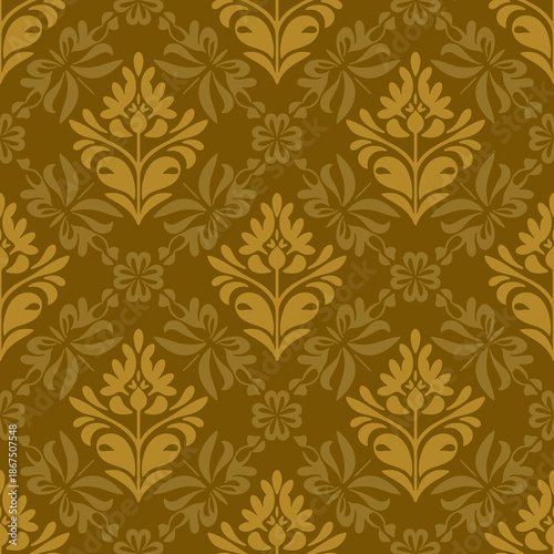 Gold and brown damask pattern vector in elegant seamless style, classic decorative damask pattern vector for wallpapers, vintage floral damask pattern vector for textiles and luxury backgrounds